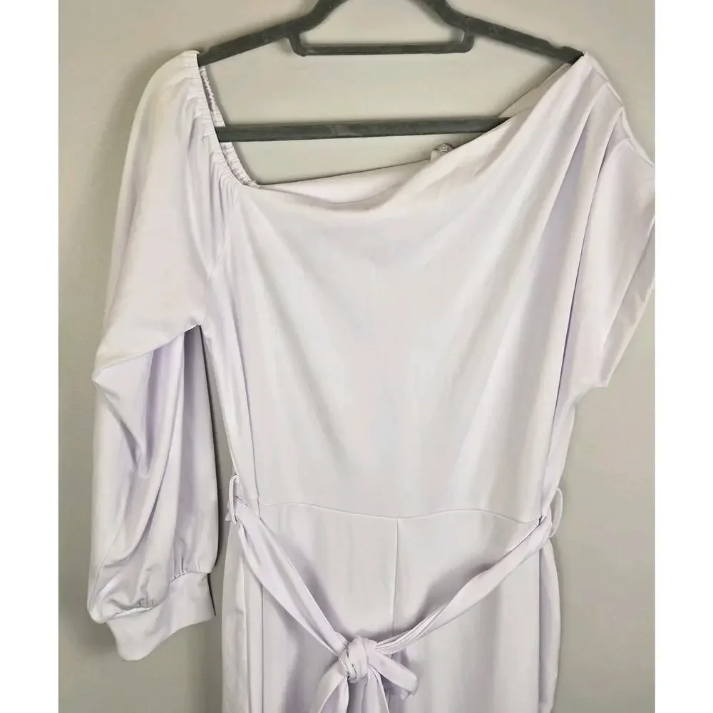 White Poly Spandex Jumpsuit Flare Leg HiLo Sleeves Belted 26" Inseam. RESORT NEW - Picture 3 of 8